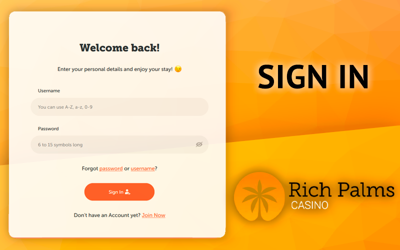 Rich Palms Casino login form