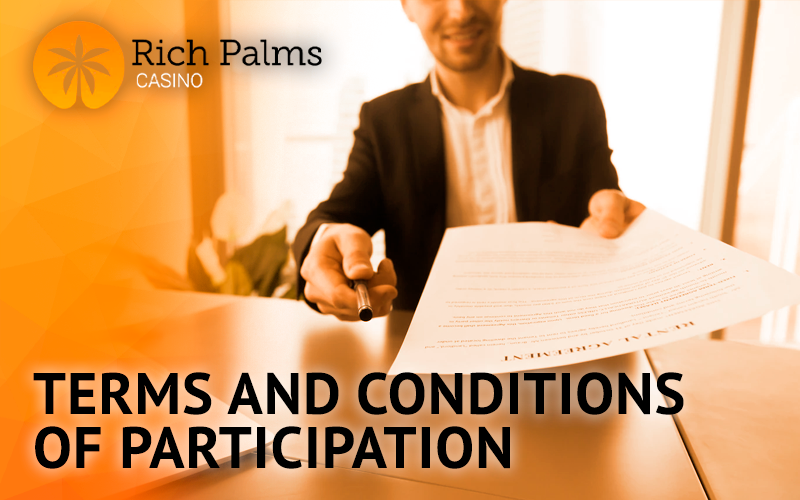 The man in the suit holds out the terms of participation at Rich Palms Casino