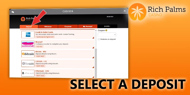 select a deposit tab at rich palms casino